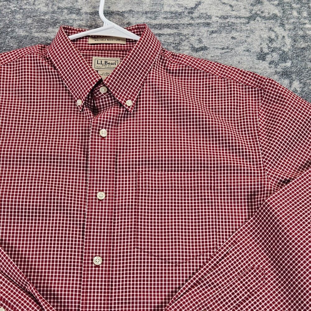 L.L. Bean Shirt Mens L Red White Check Long Sleeve Button Down Wrinkle Resistant